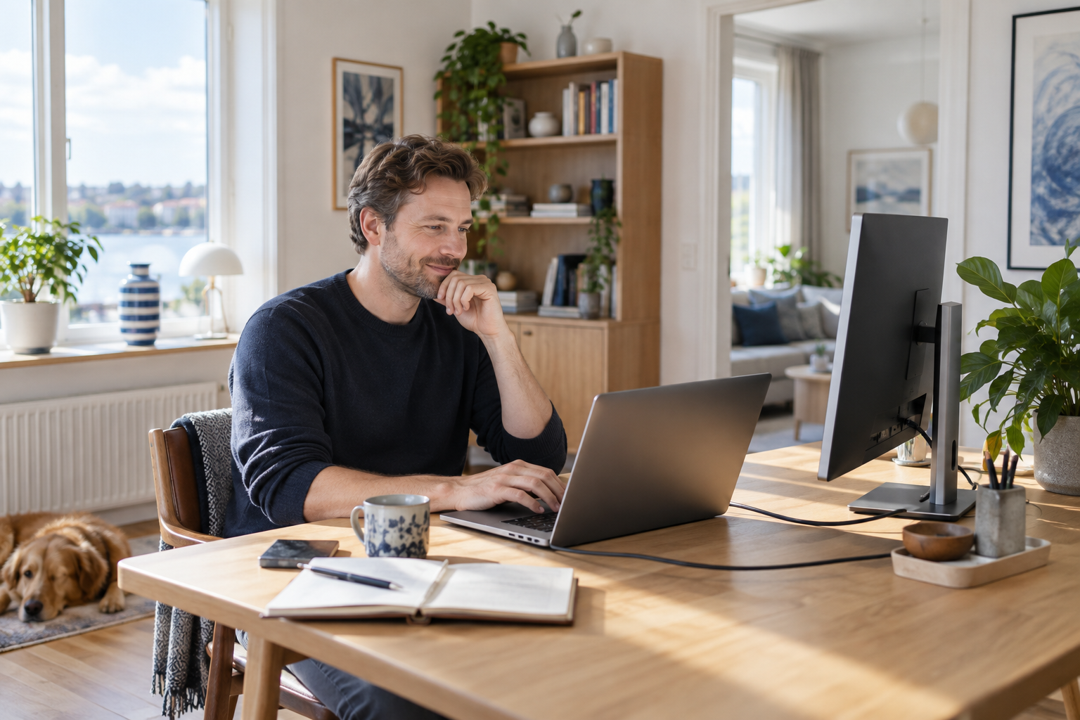 En person arbejder ved sin computer i et lyst hjemmekontor